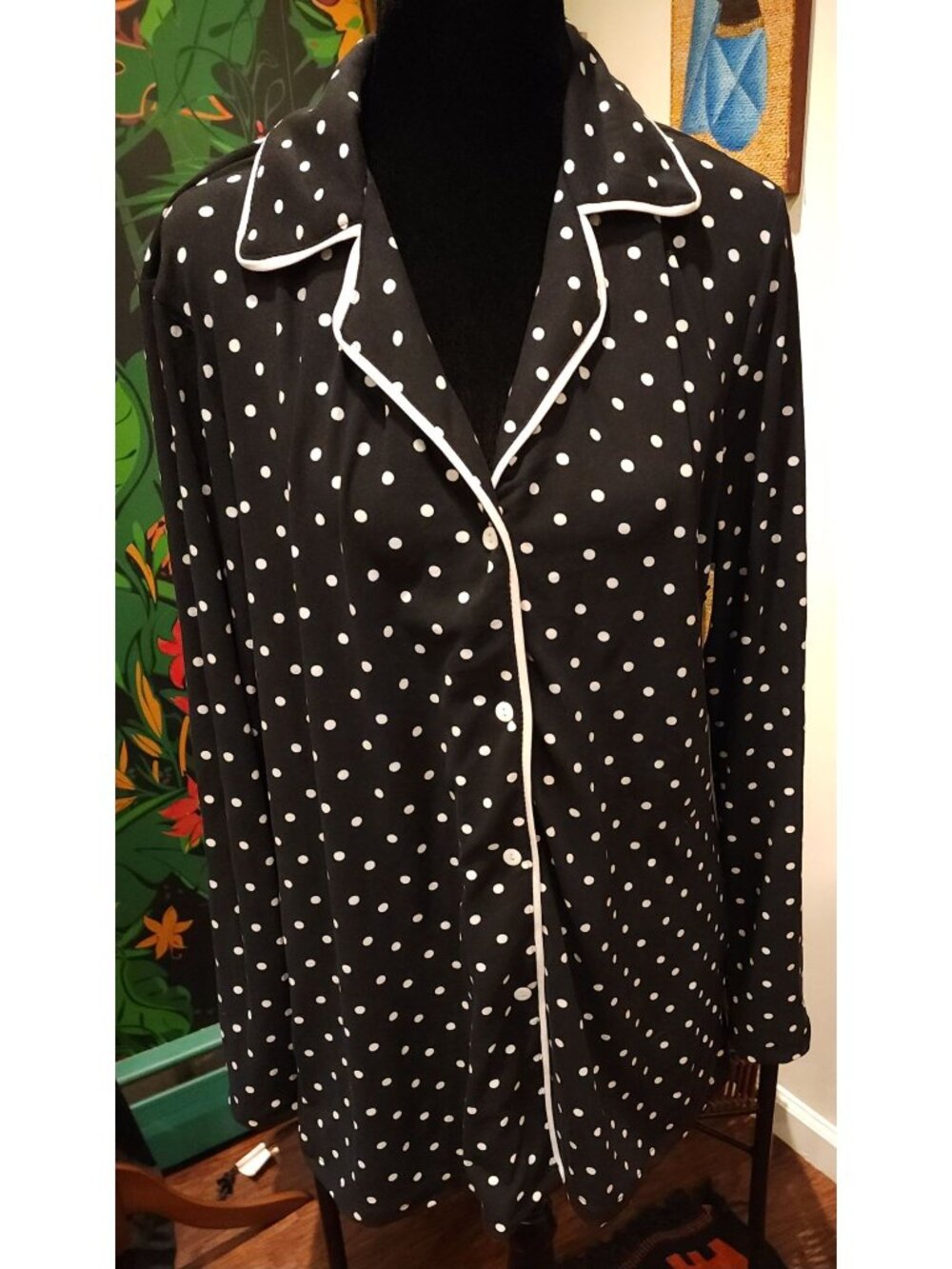 NEW Tart Black & White Polka Dot Button-Up Pajama Top Long Sleeve Size Large